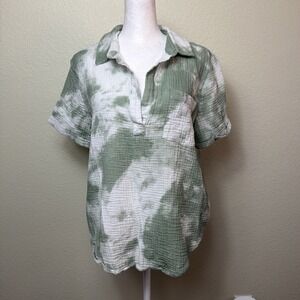 RAIN Cotton Gauze Womens M Green Tie Dye Short Sleeve V Neck Collared Blouse Top